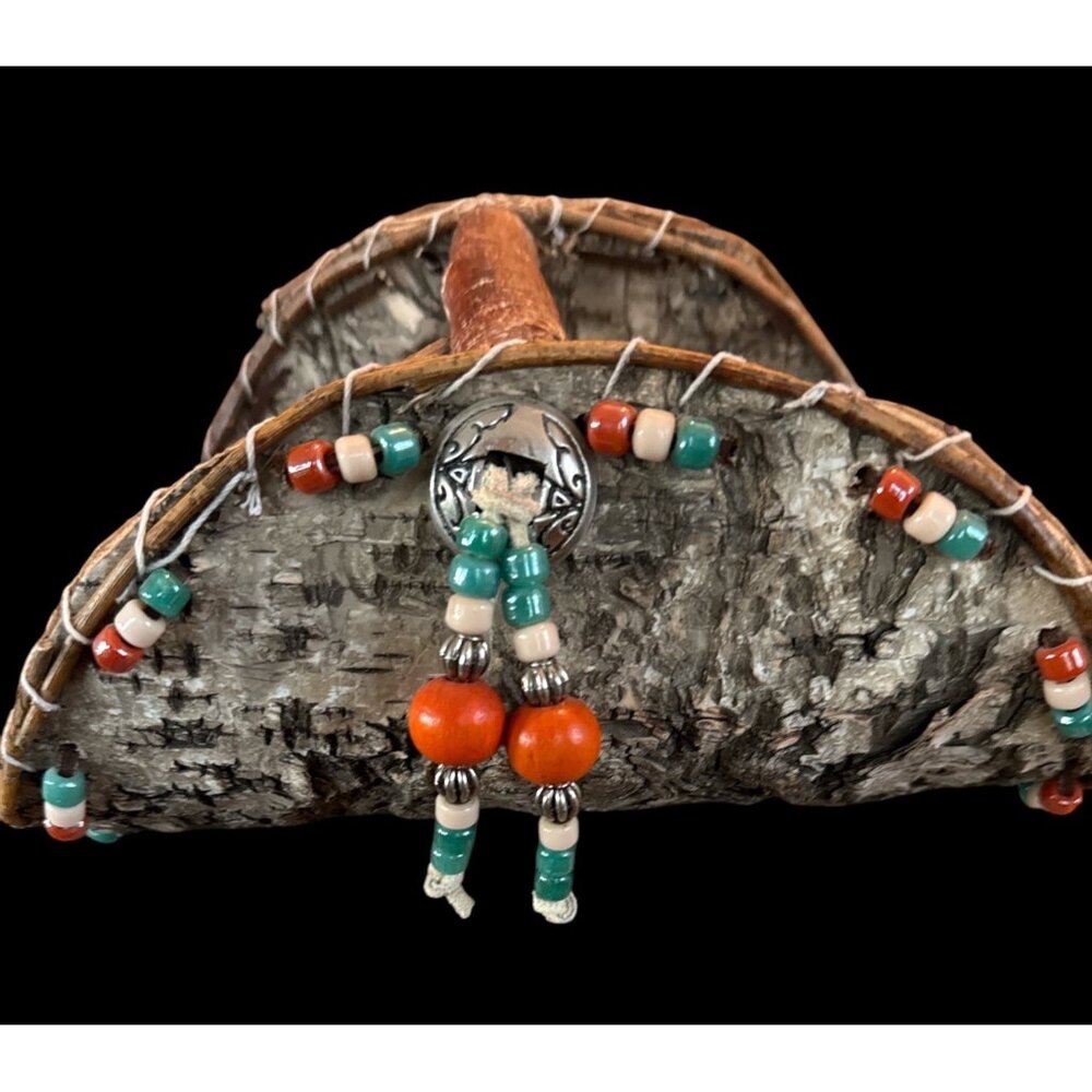 Handcrafted Birch Bark Basket With Beaded Handle & Metal Accent